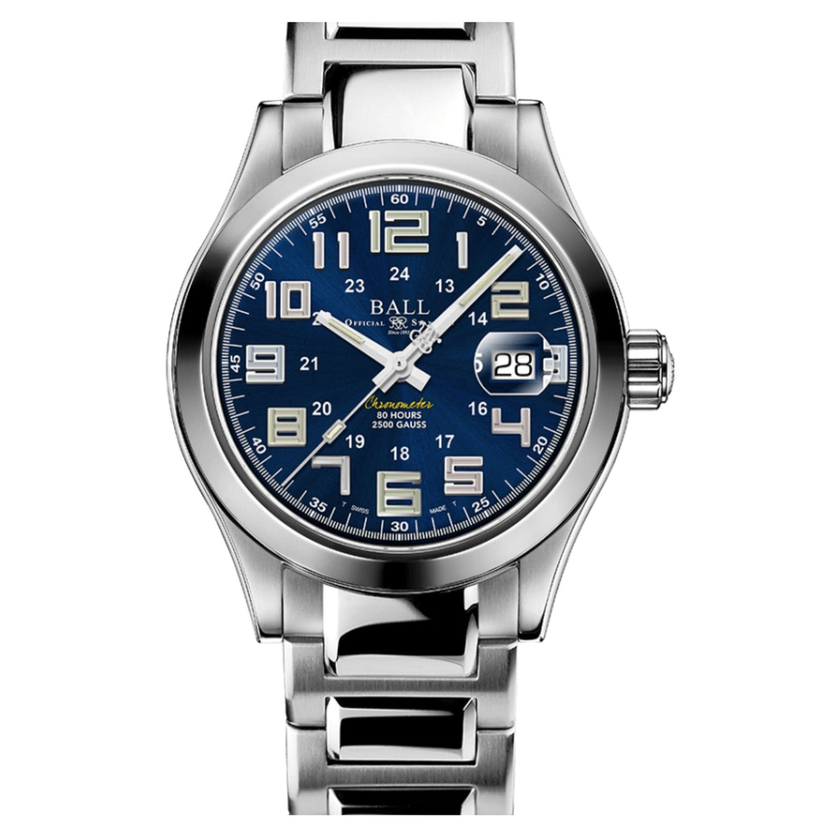 Men's automatic stainless steel watch with blue dial, date window, metal bracelet