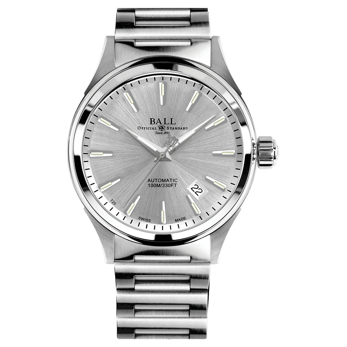Men's automatic wrist watch with grey sunray dial and steel bracelet, sword hands