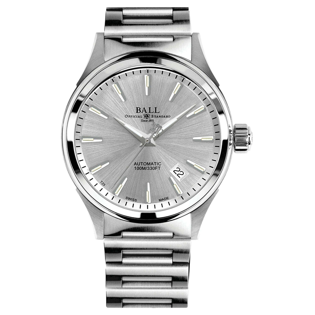 Men's automatic wrist watch with silver sunray dial, steel bracelet, baton hour markers