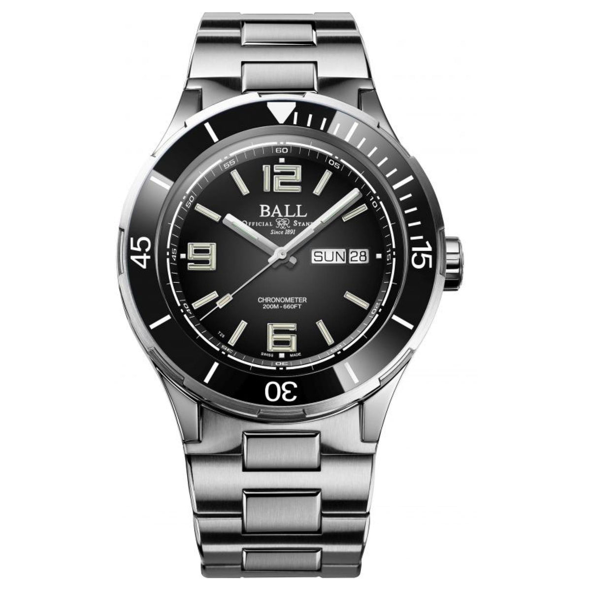 Men's automatic wristwatch with black dial, silver bezel, and metal link bracelet