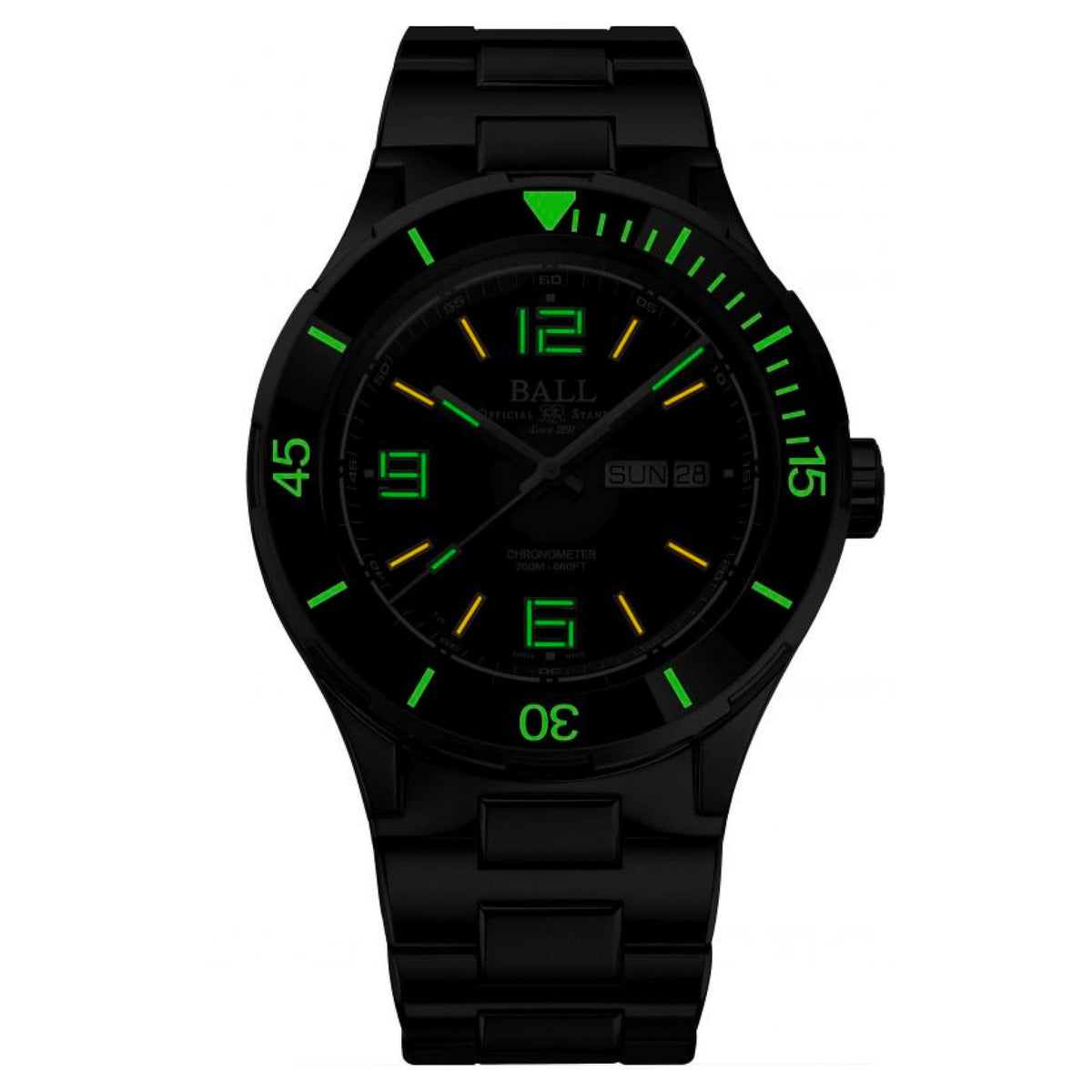 Men's automatic watch with black dial and green luminous indexes on dark rubber strap