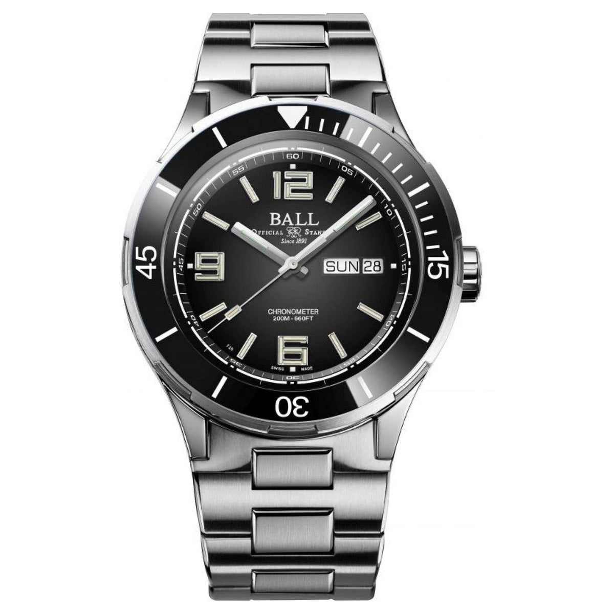 Men's automatic watch front with black dial, date window, and silver-tone metal bracelet