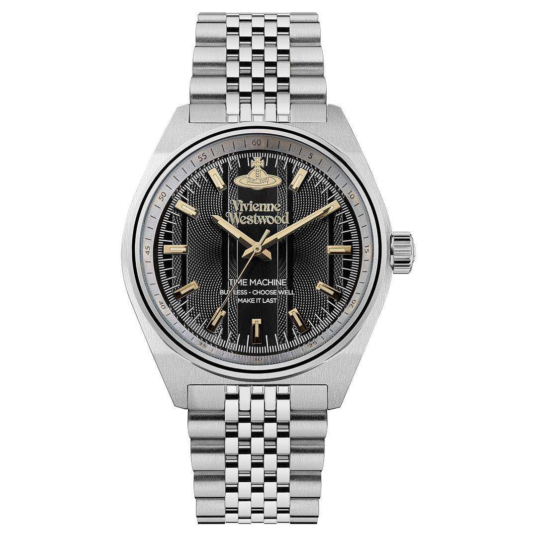 Men's stainless steel bracelet watch, black dial with gold hands and stick hour markers