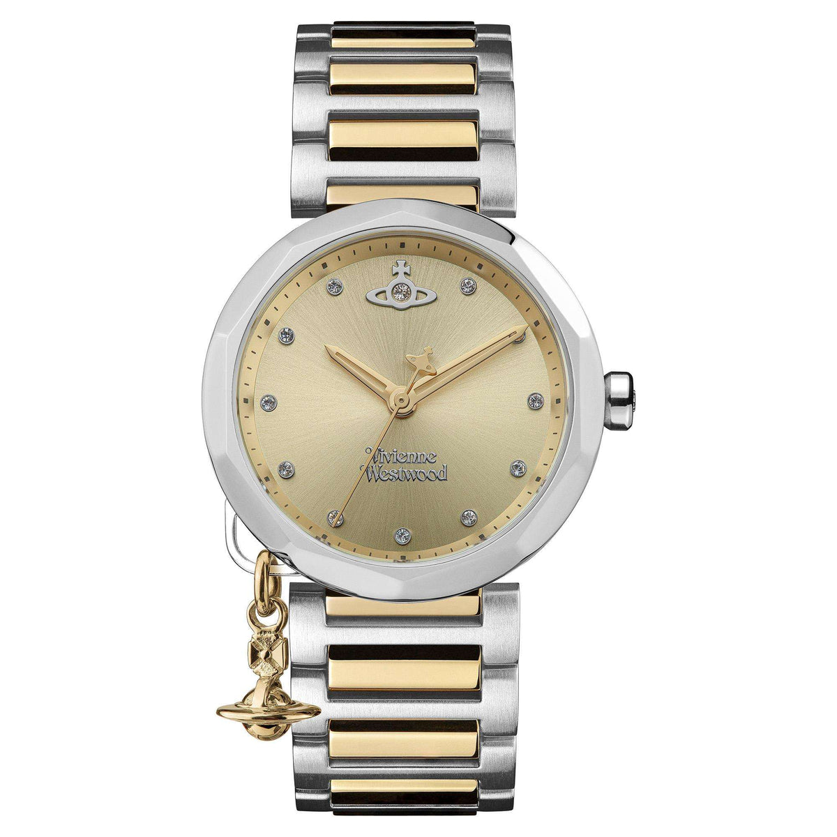 Front view two-tone bracelet watch with champagne dial and dangling gold-tone charm