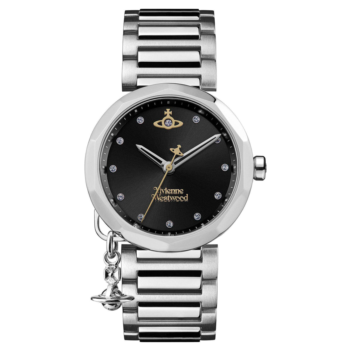 Stainless steel bracelet watch with black dial, gold crown badge, and chain charm