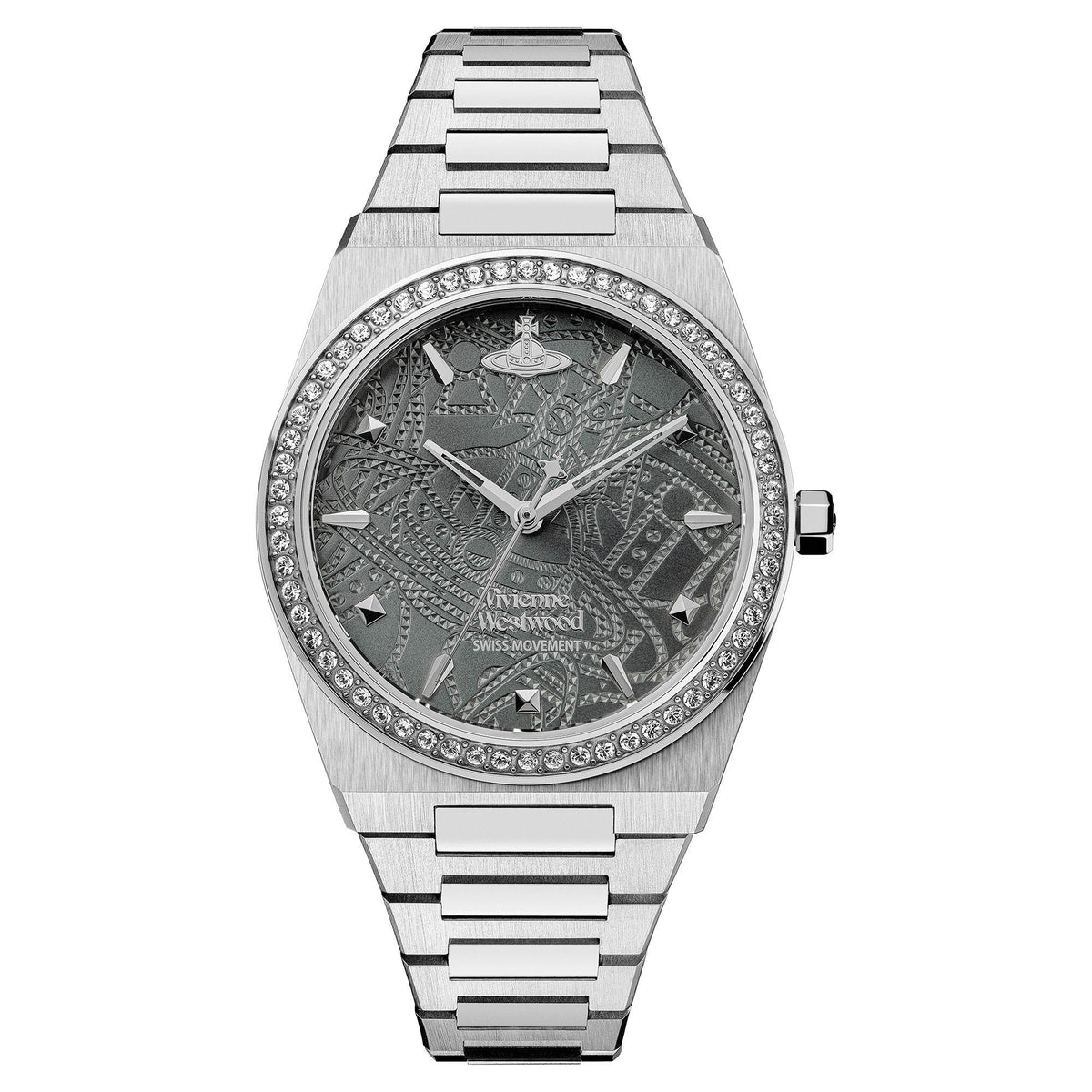 Front view of stainless steel watch with grey dial and crystal-studded bezel on bracelet.