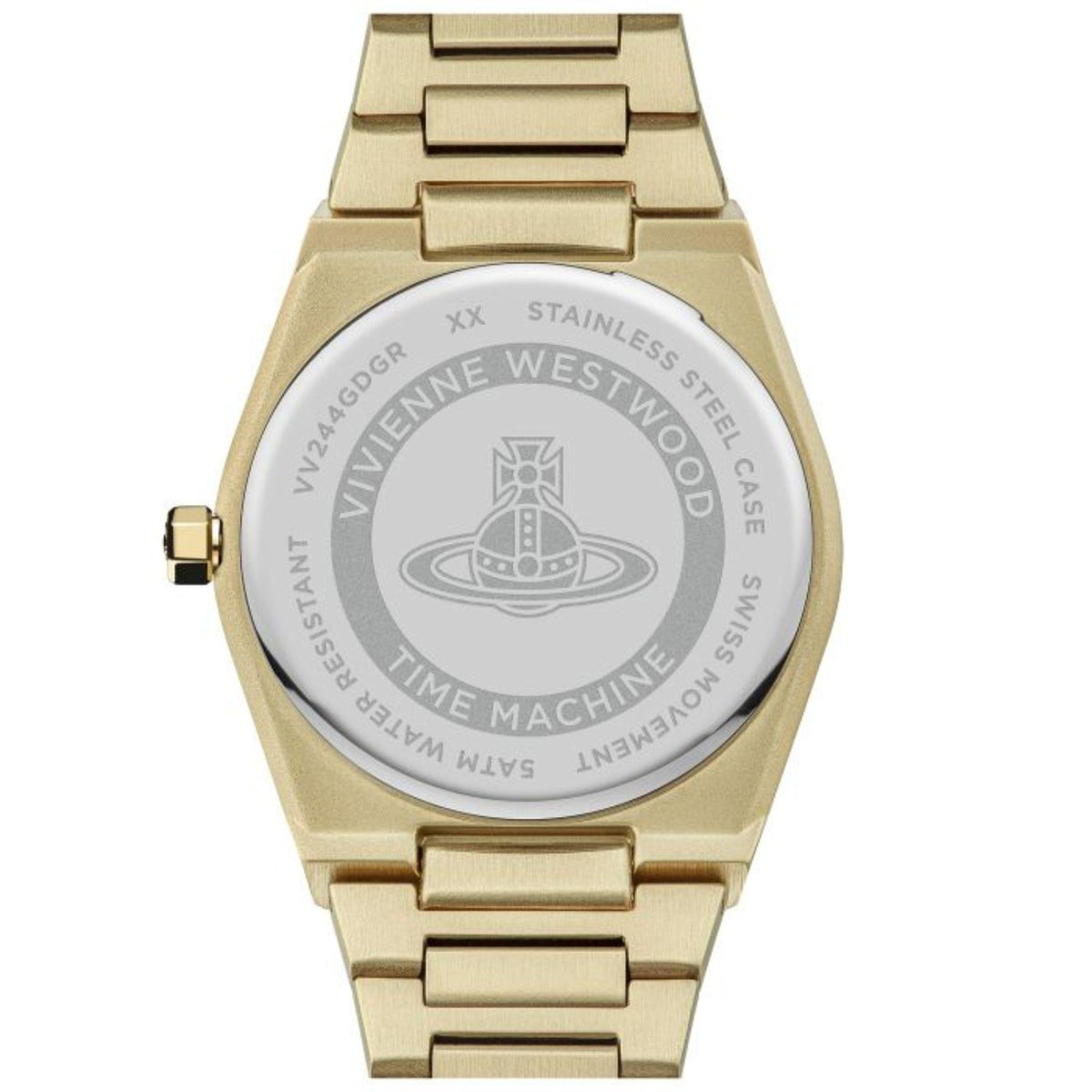 Vivienne Westwood Charterhouse watch caseback, engraved stainless steel text on gold-tone bracelet