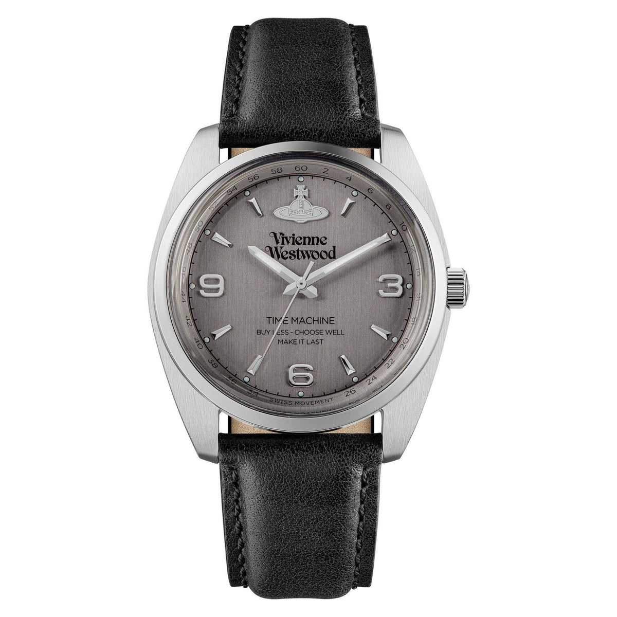 Vivienne Westwood Pennington watch with gray dial, black leather strap, and silver round case