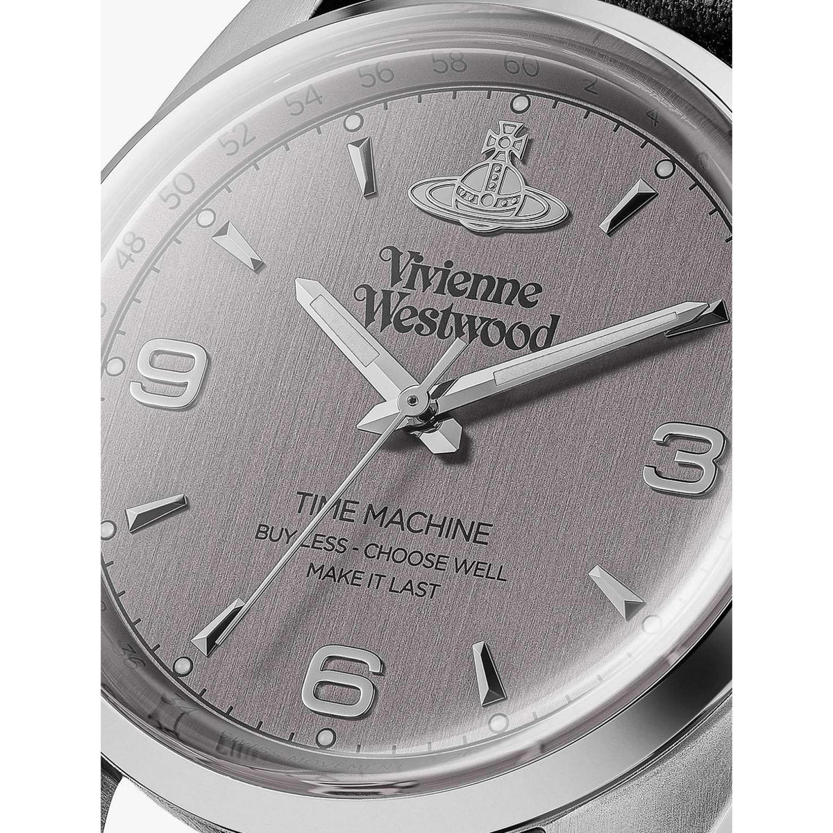 Close-up of gray watch face with Vivienne Westwood branding, roman numerals, and indices