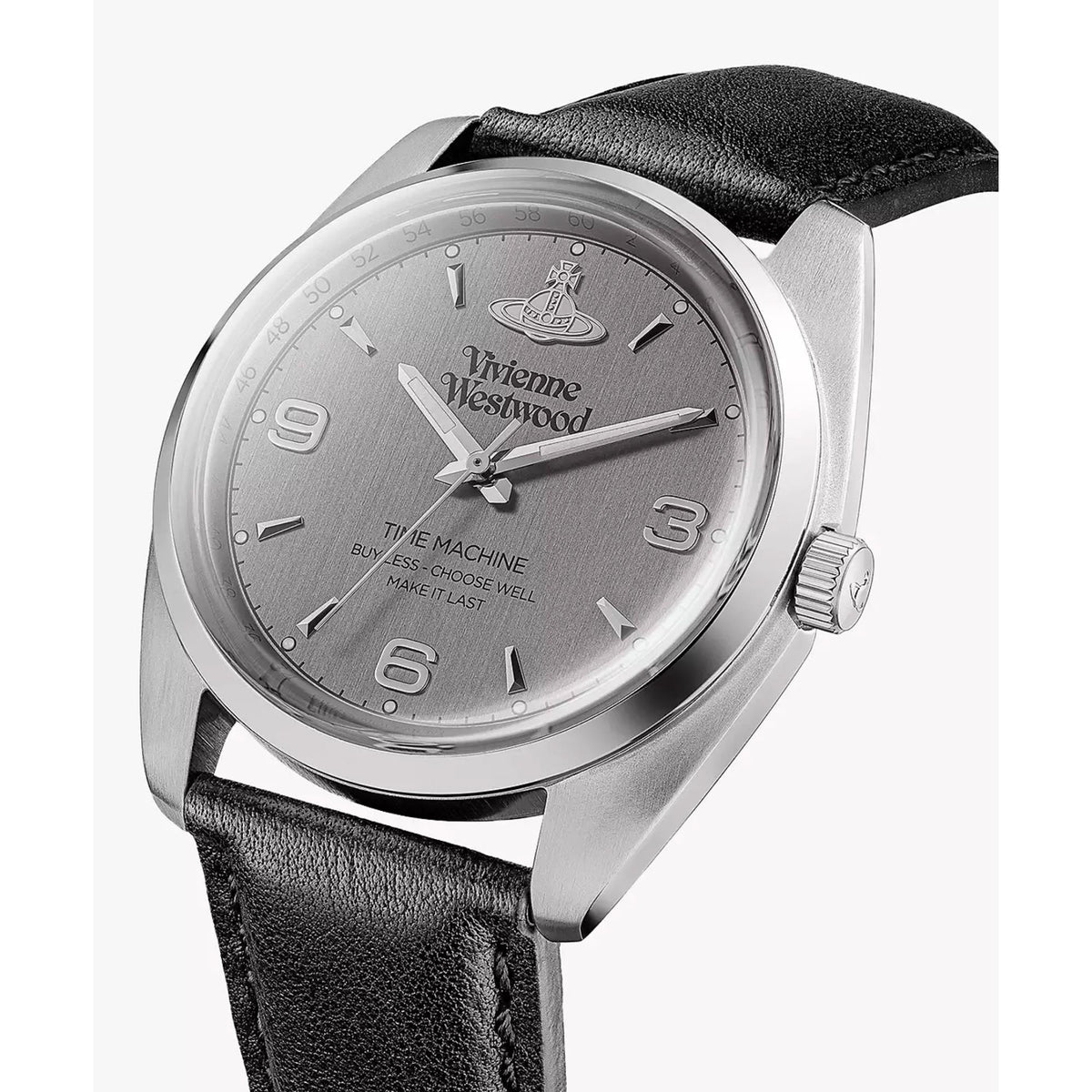 Angled view of Vivienne Westwood watch with gray dial and black leather strap on silver case