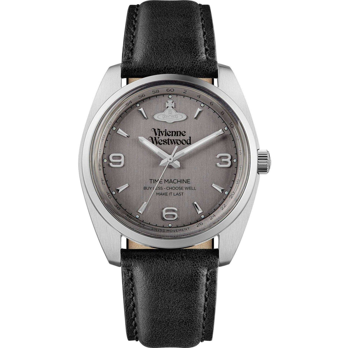 Vivienne Westwood Pennington watch front view with gray dial and black leather strap