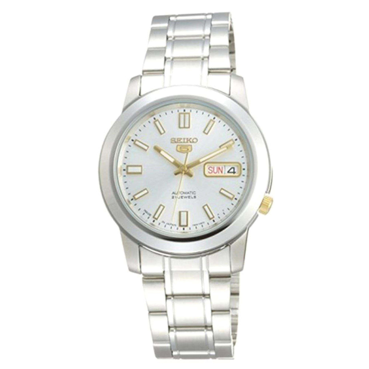 Stainless steel automatic men's watch with silver dial, gold hands, and day/date display