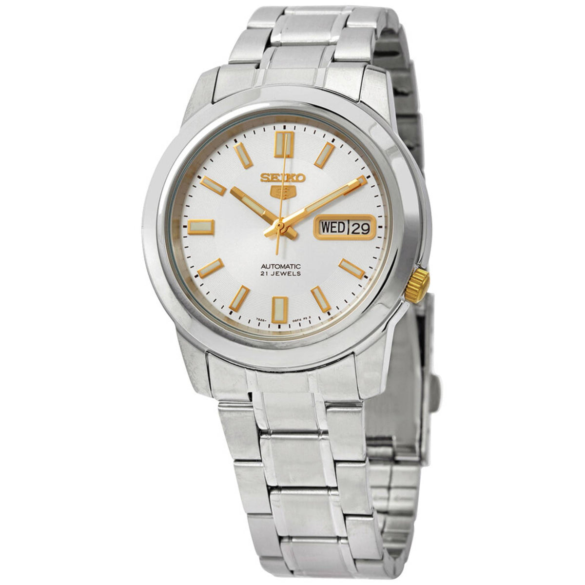 Stainless steel automatic men's watch with silver dial, gold markers, and Wed 29 date