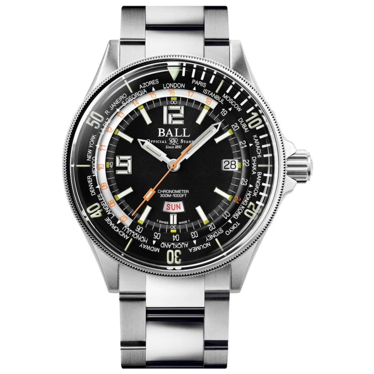 Men's automatic diver watch with black dial, orange accents, and silver stainless bracelet