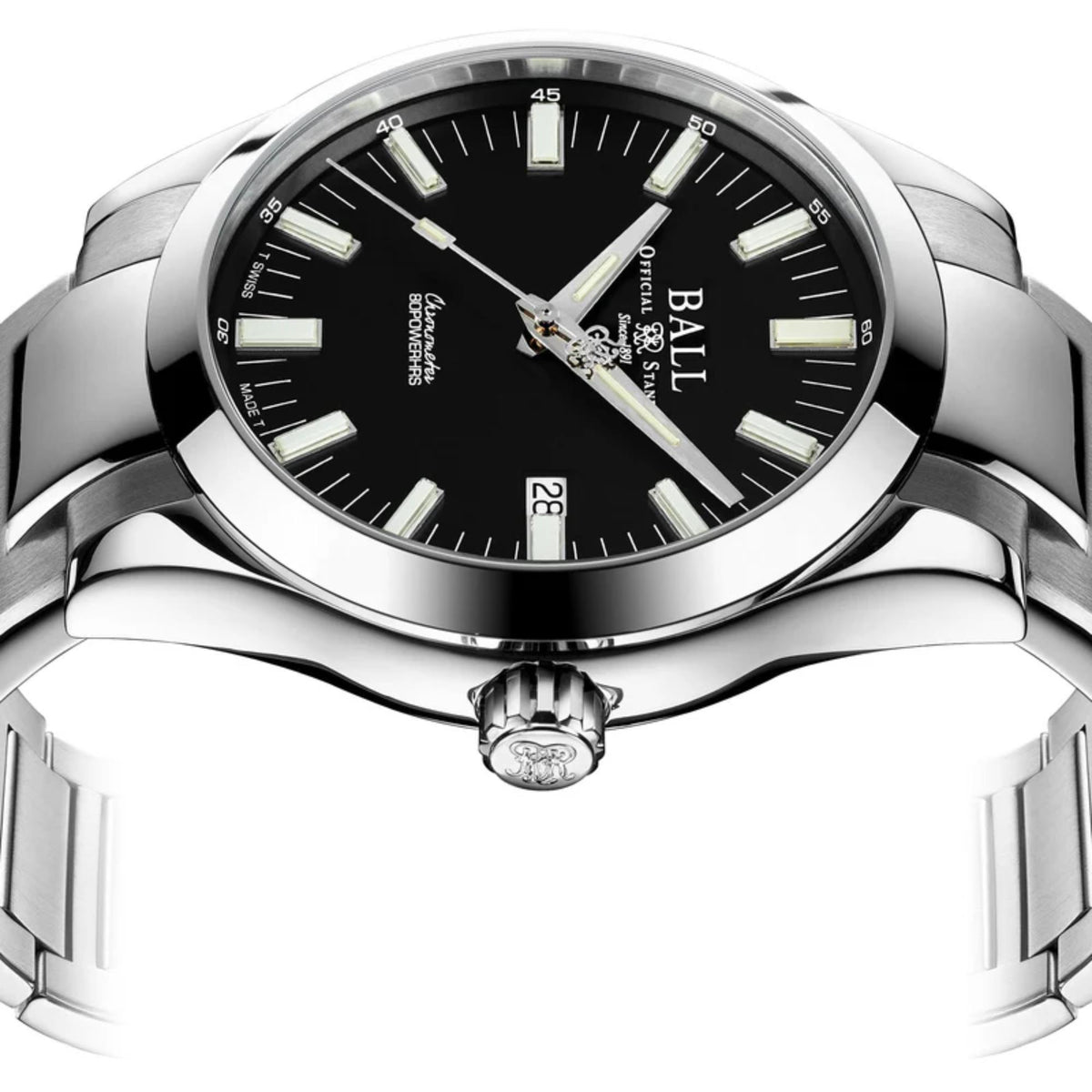 Silver wrist watch close-up, black dial with luminous markers and date at 28