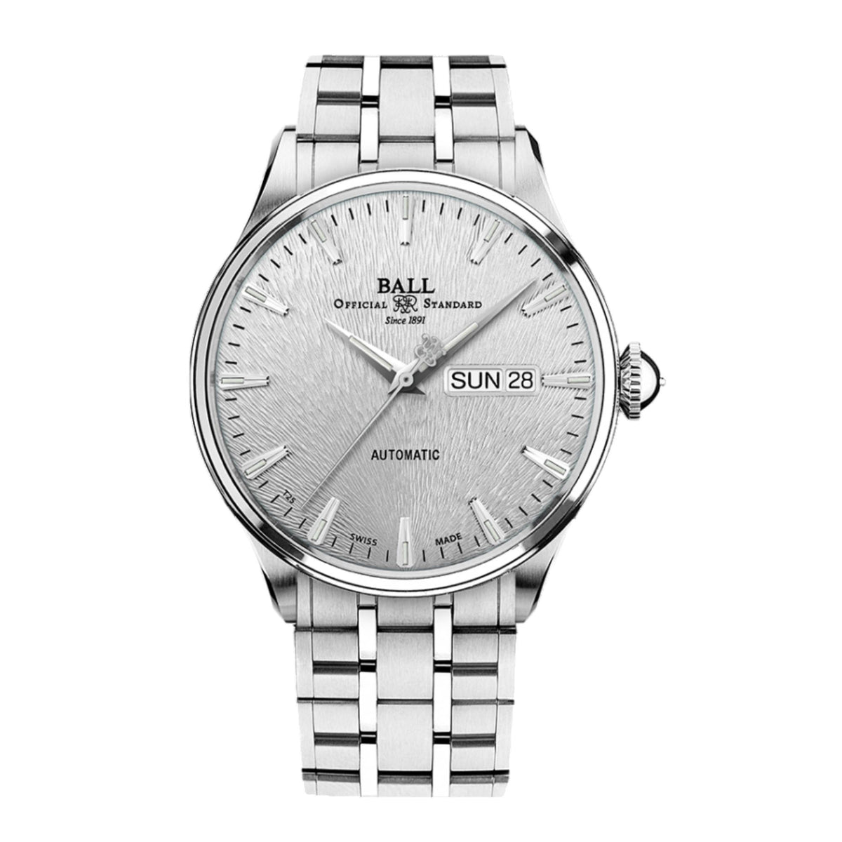 Men's stainless steel automatic watch with light silver dial and day-date window Sun 28