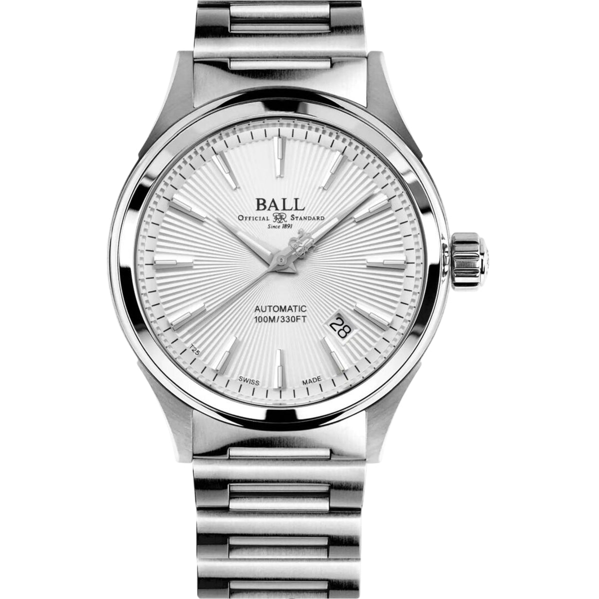 Men's automatic wristwatch with silver dial, baton markers, and stainless steel bracelet