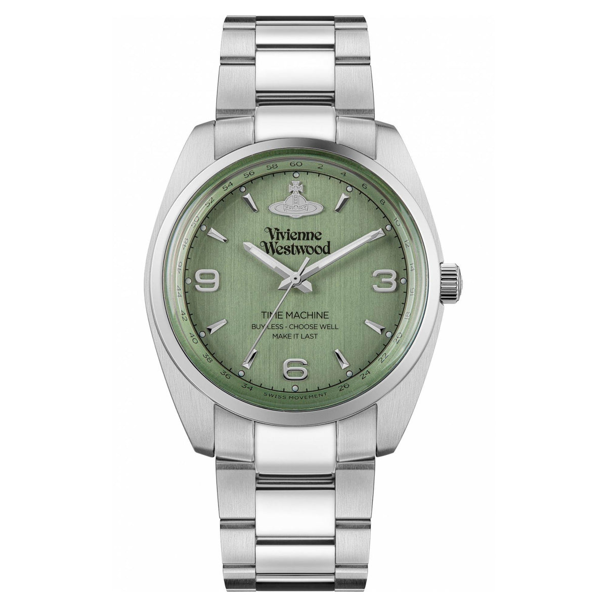 Stainless steel wrist watch with green dial, silver hands, and bracelet strap