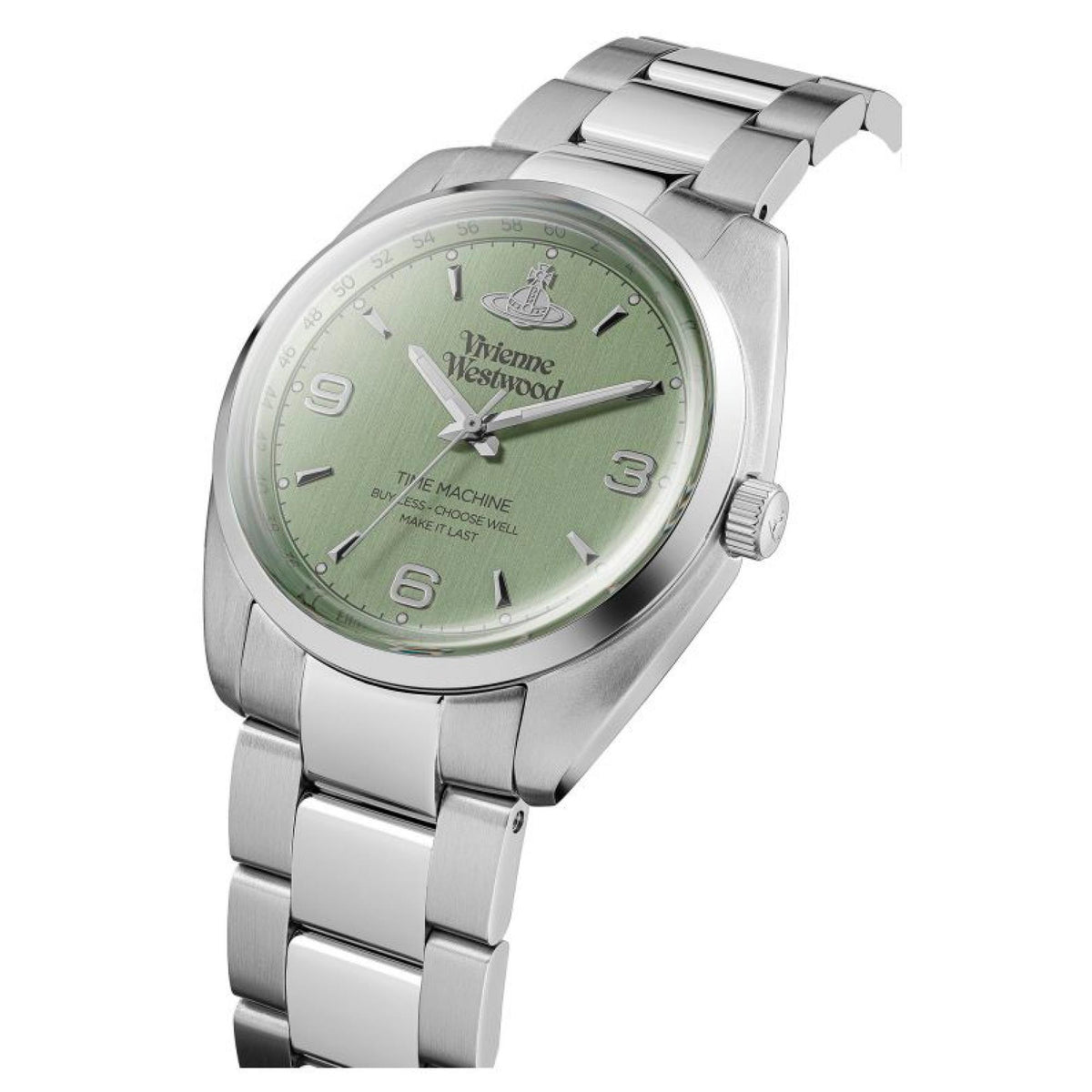 Angled view of silver-tone wrist watch with green dial and steel bracelet strap