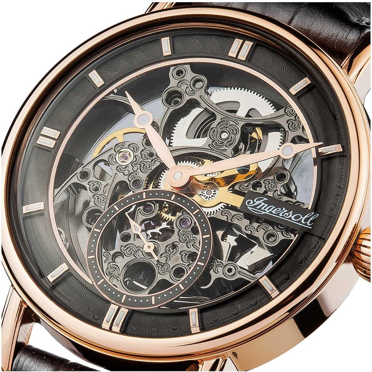 Automatic skeleton dial close-up with detailed gears, gold-toned hands, and “Ingersoll” marking