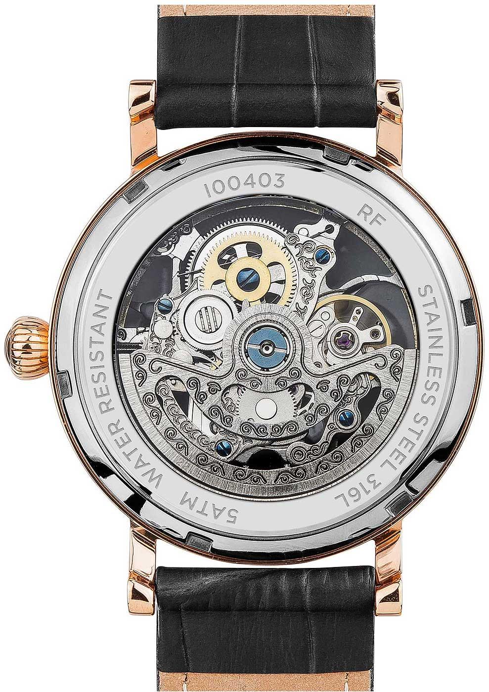 Automatic skeleton watch caseback view with “100403” text, visible gears, and black leather strap
