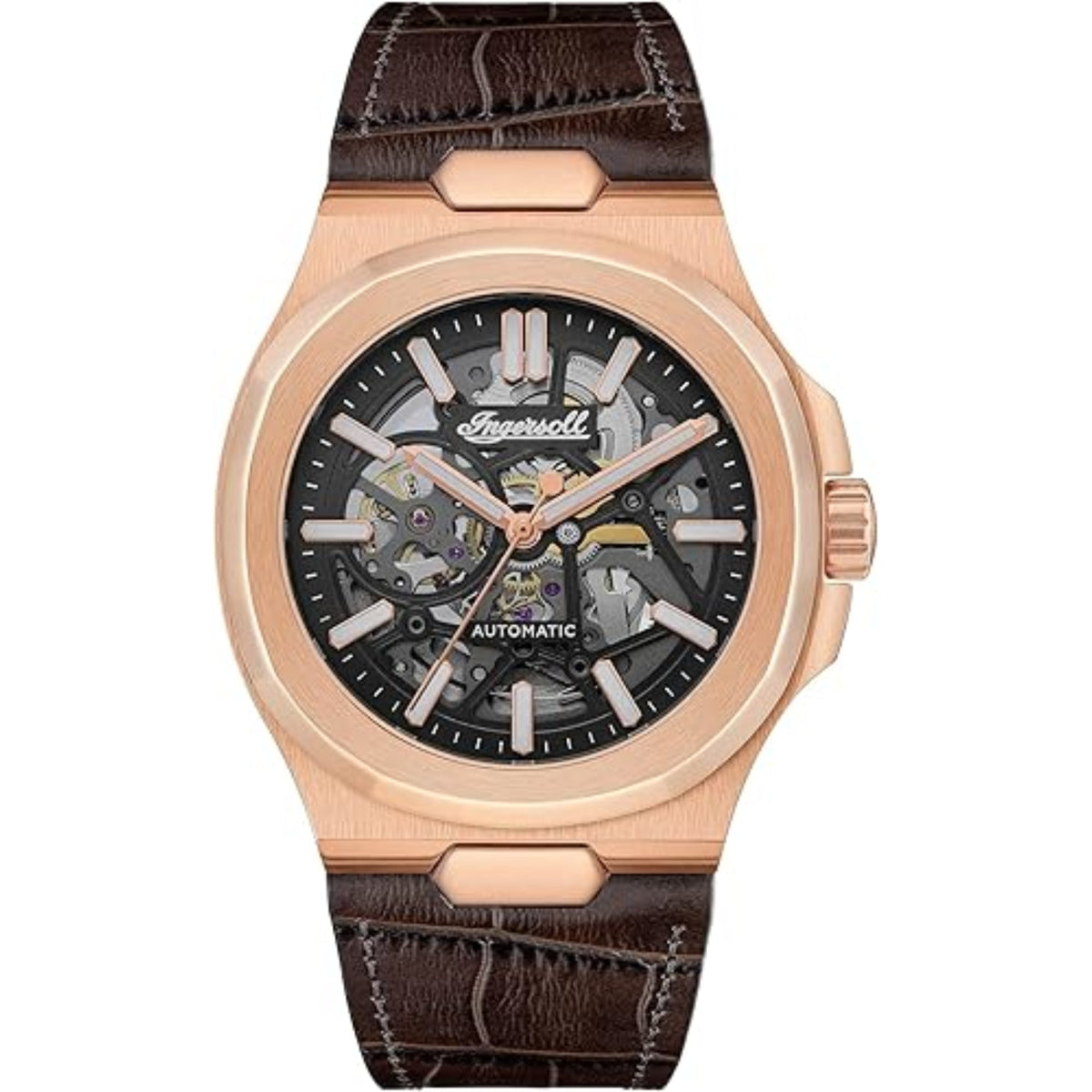 Rose gold automatic skeleton watch with black dial and brown leather strap view