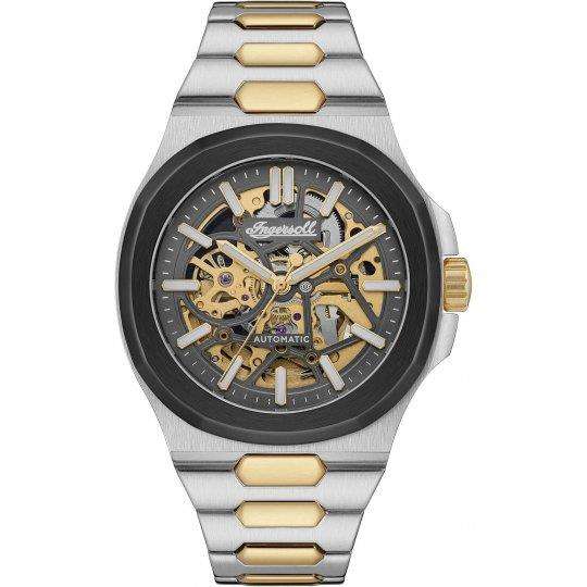 Automatic men's watch with dark skeleton dial, gold indices, and two-tone stainless bracelet.