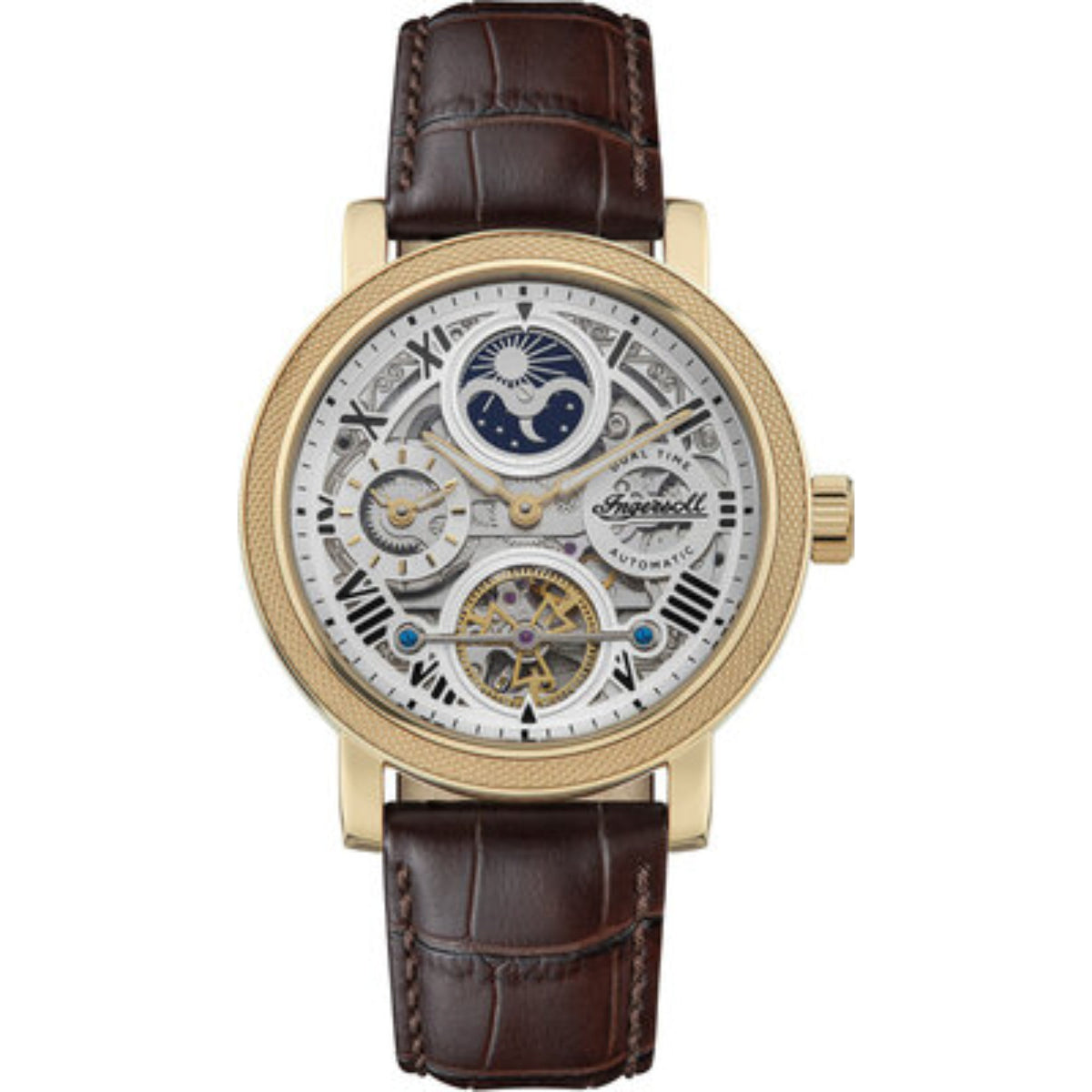 Men's automatic watch full view with silver dial, gold-tone case, and brown leather strap