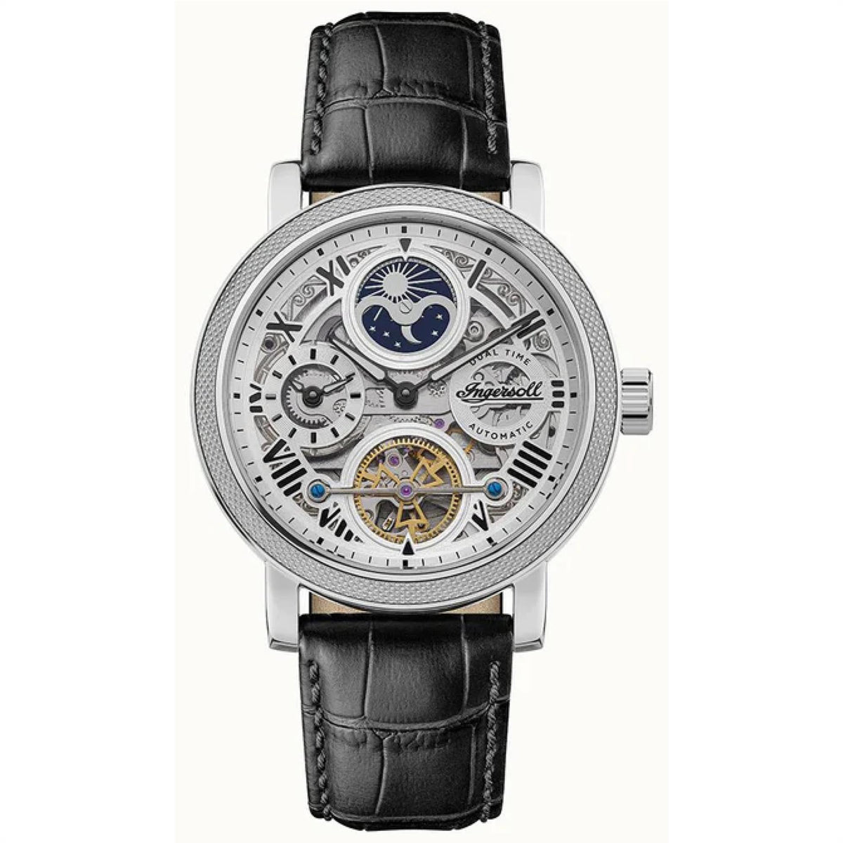 Men's automatic watch with black leather strap, silver-toned case and skeleton dial with blue details