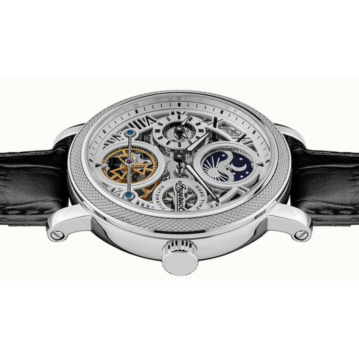 Automatic men's watch with silver skeleton dial, exposed movement, black leather strap