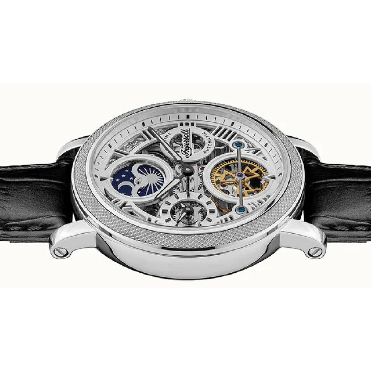 Automatic men's watch with silver skeleton dial and blue/gold details, black leather strap