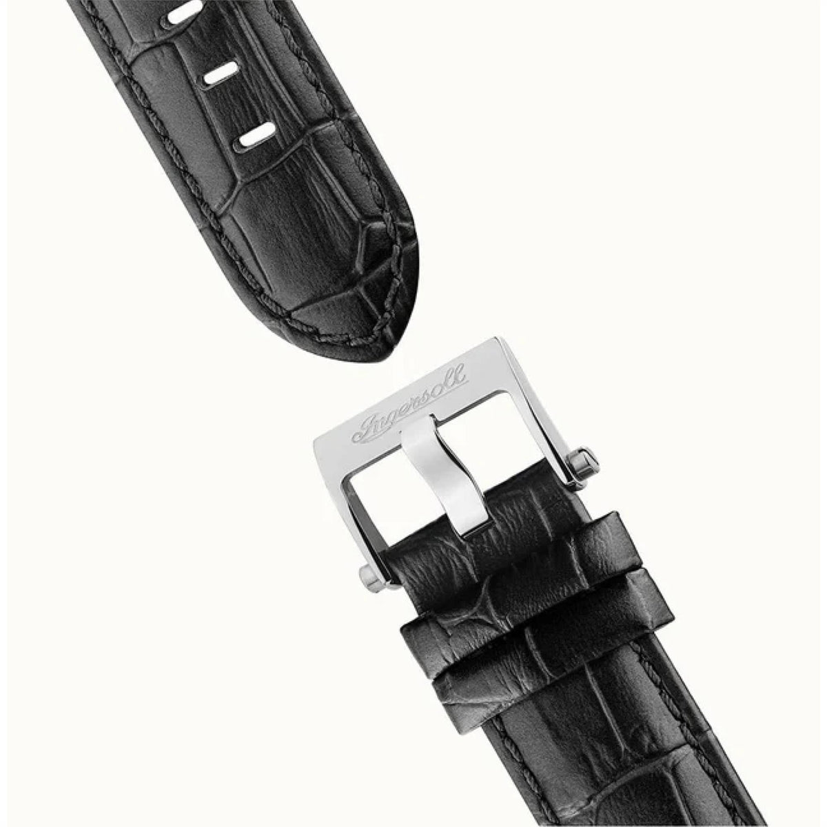 Black leather watch strap with silver buckle and clasp, connected to the watch case