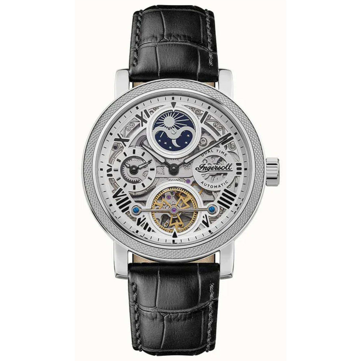 Men's automatic watch with black leather strap and silver-toned case, open-heart skeleton dial