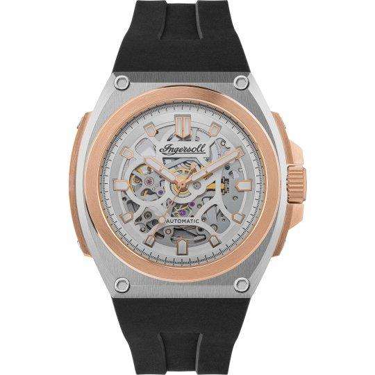 Men's automatic skeleton watch with silver case and black PU rubber strap, skeleton dial