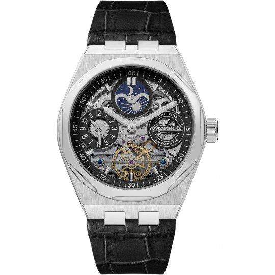 Stainless steel automatic watch with skeleton dial and black leather strap
