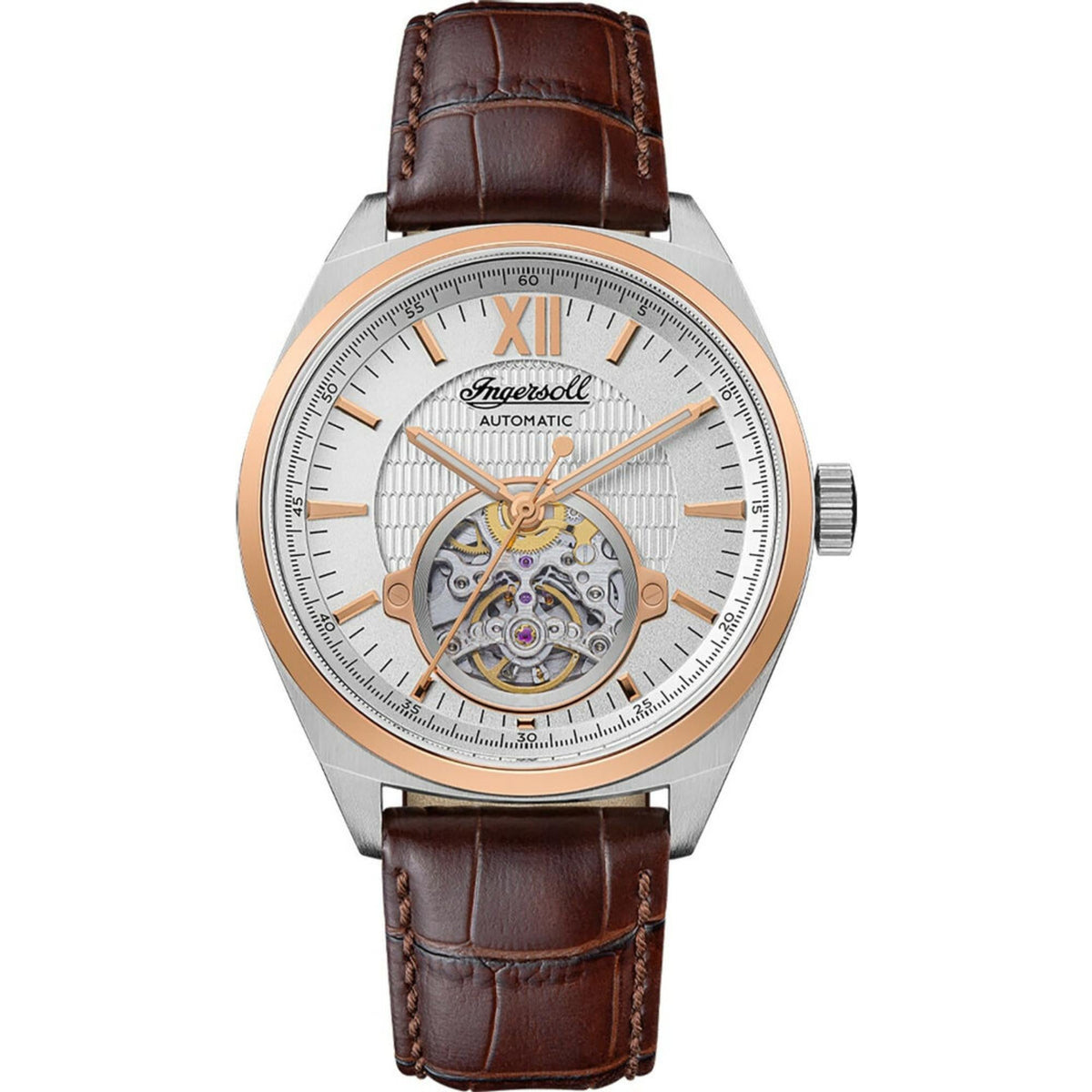 Automatic wristwatch with white dial, open heart window, rose-gold bezel, brown strap