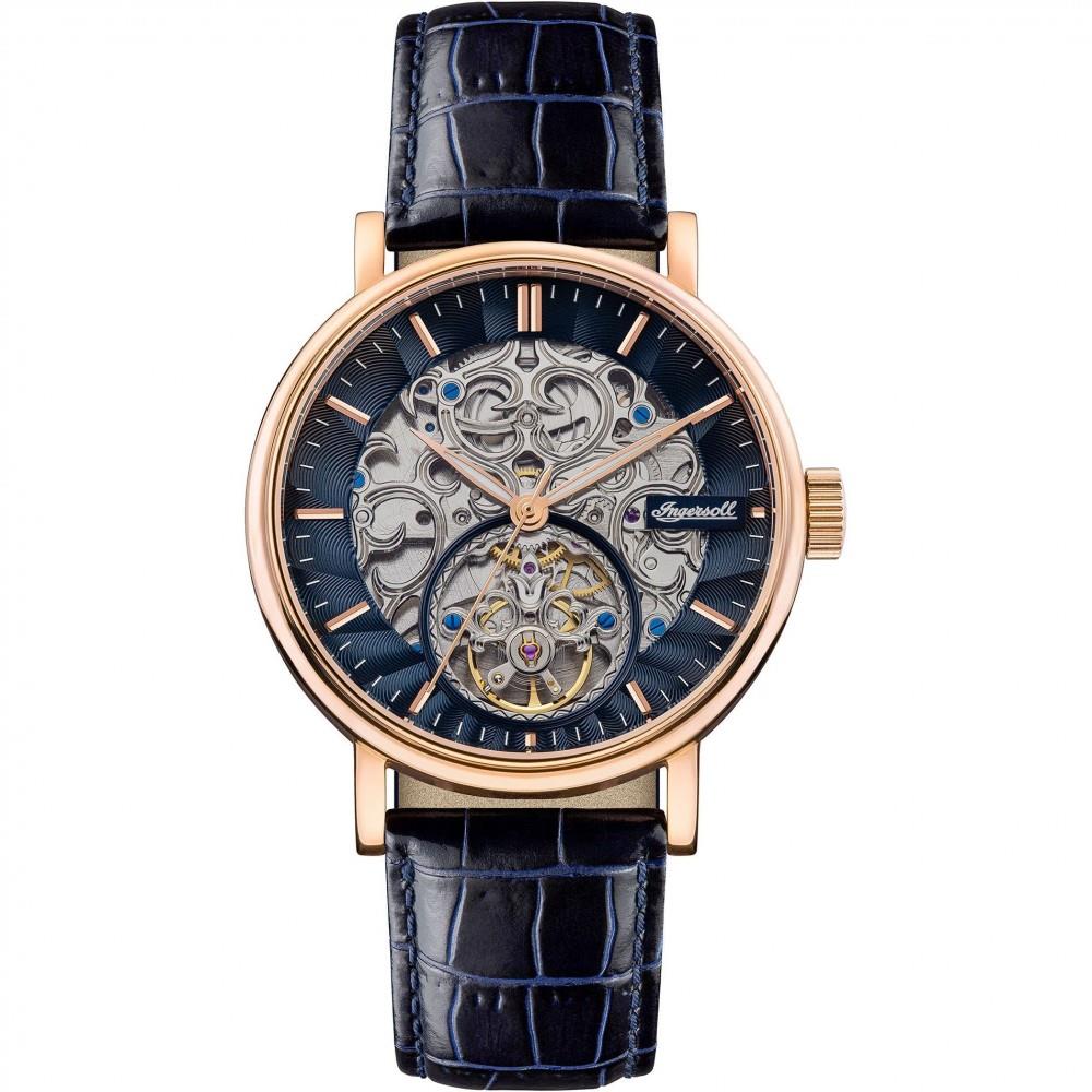 Men's automatic skeleton watch with black dial, blue leather strap, rose-gold case and crown
