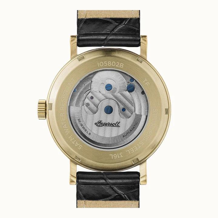 Ingersoll 1892 watch caseback view with silver movement and blue accents, black leather strap
