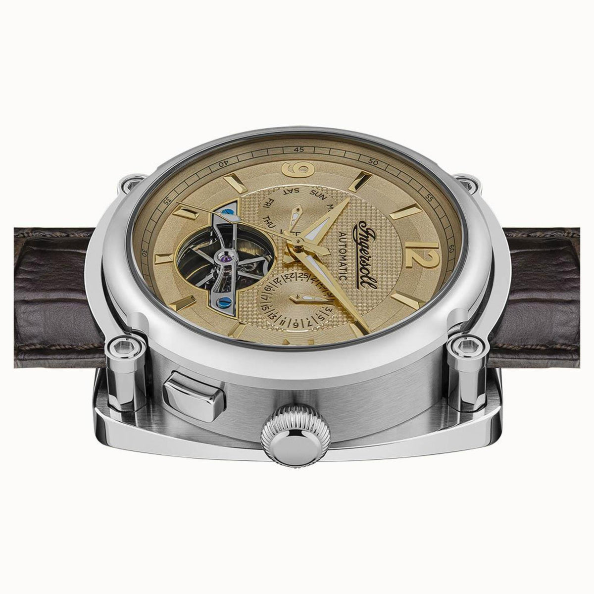 Ingersoll automatic chronograph watch side view: champagne dial and skeleton-style movement