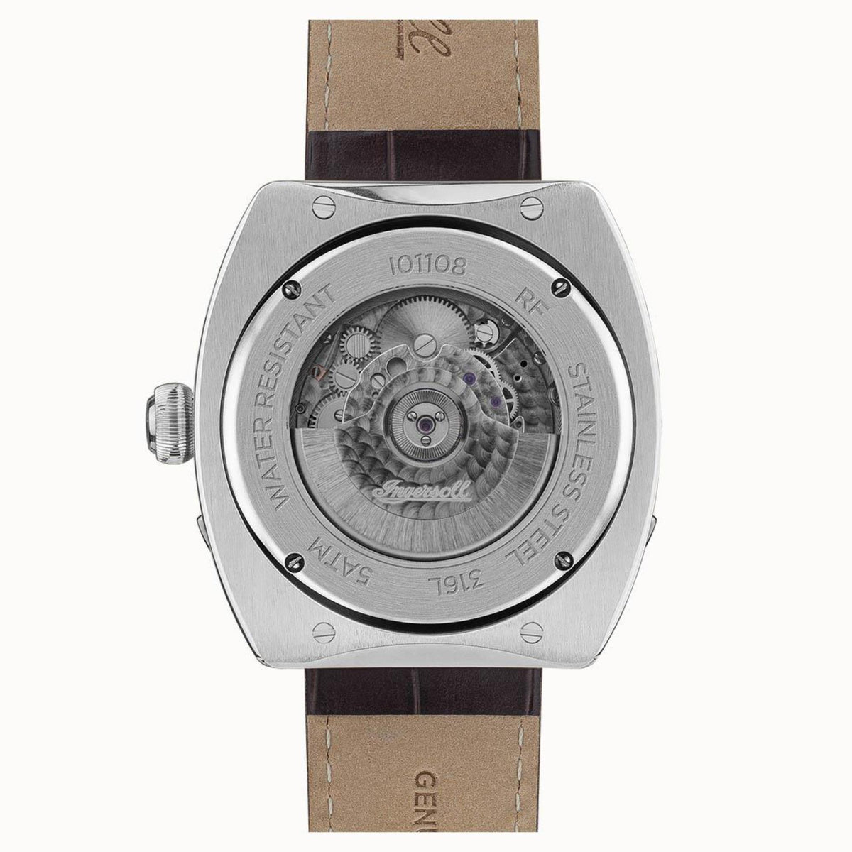 Ingersoll men’s watch case back showing mechanical movement; brown leather strap