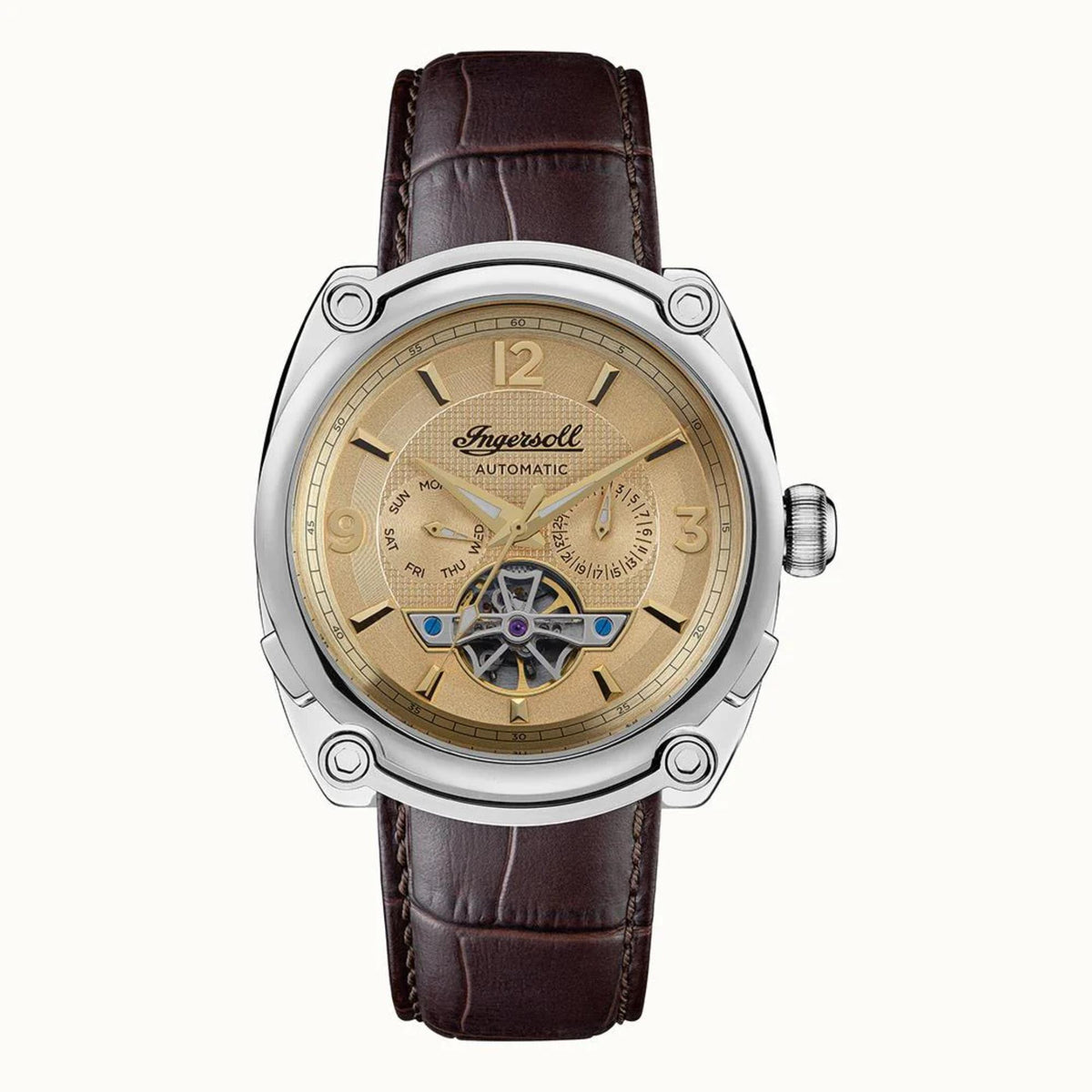 Men's automatic chronograph watch with champagne dial, brown leather strap, stainless case