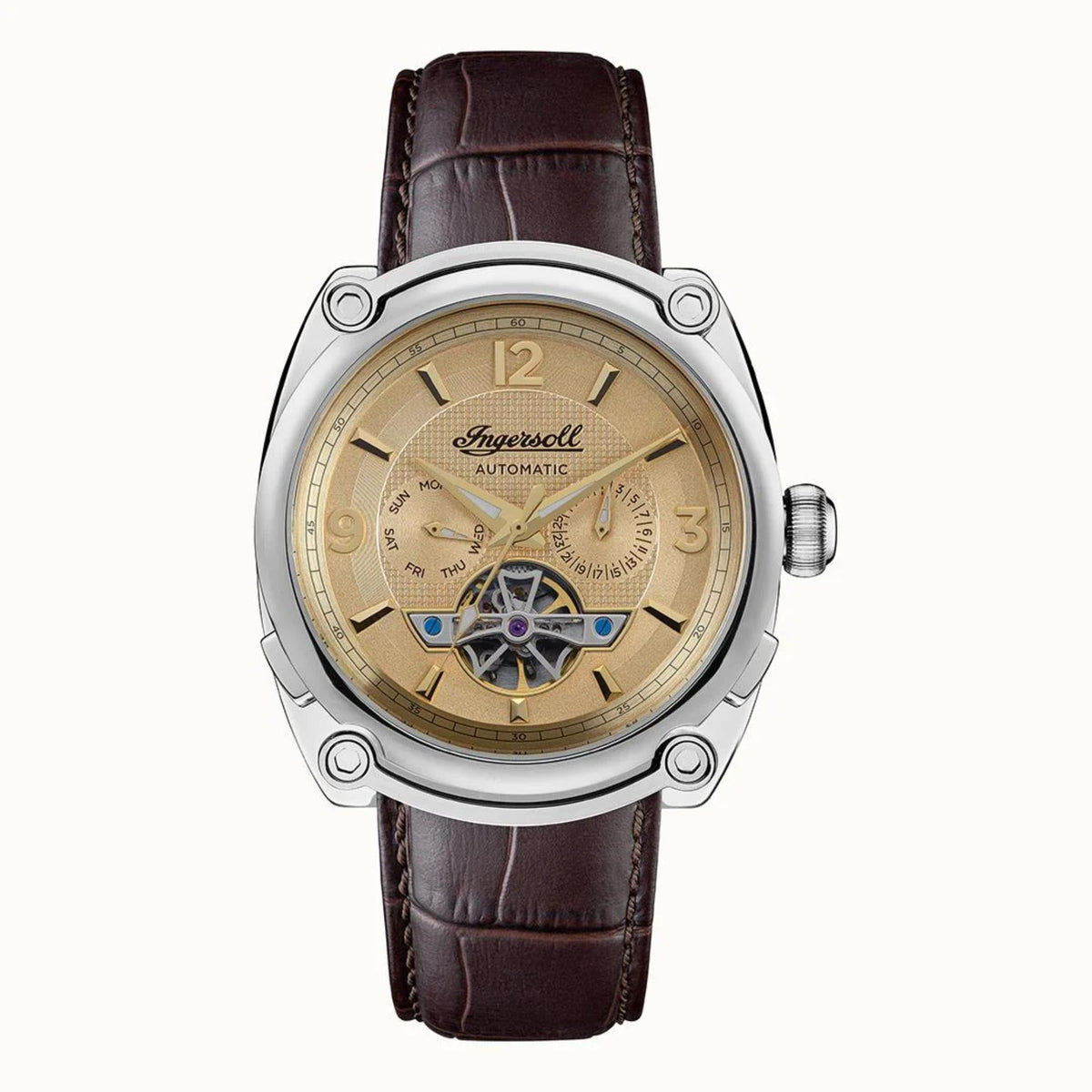 Ingersoll men’s automatic chronograph watch front view with champagne dial, brown leather strap