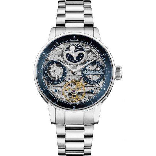 Men's automatic watch with navy-blue patterned dial, silver steel bracelet