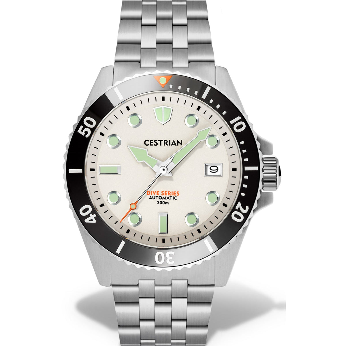 Men's dive watch with white dial, black bezel, steel bracelet, automatic movement