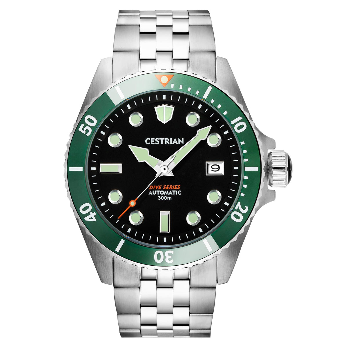 Men's dive watch front view with green bezel, black dial, steel bracelet, automatic