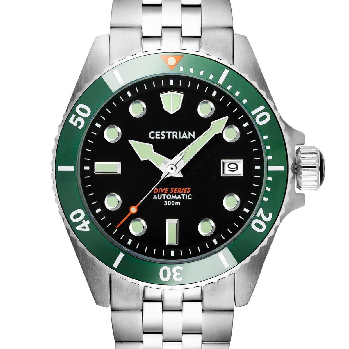 Men's dive watch close-up front with green bezel, black dial, steel bracelet
