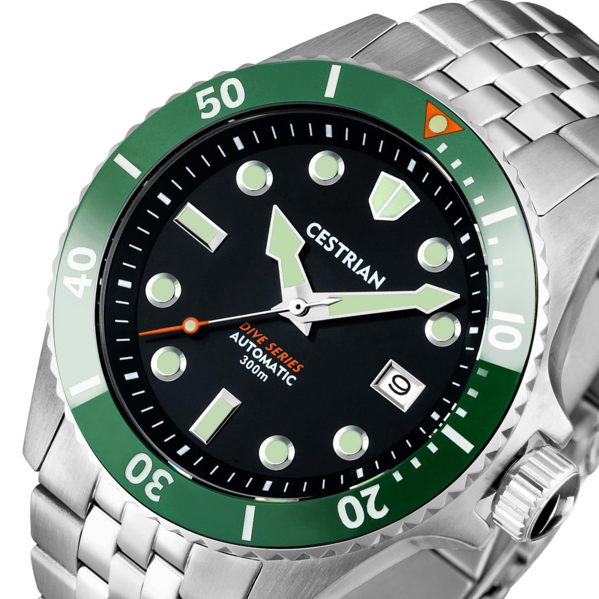 Men's dive watch dial close-up with green bezel, black face, luminous markers, Cestrian