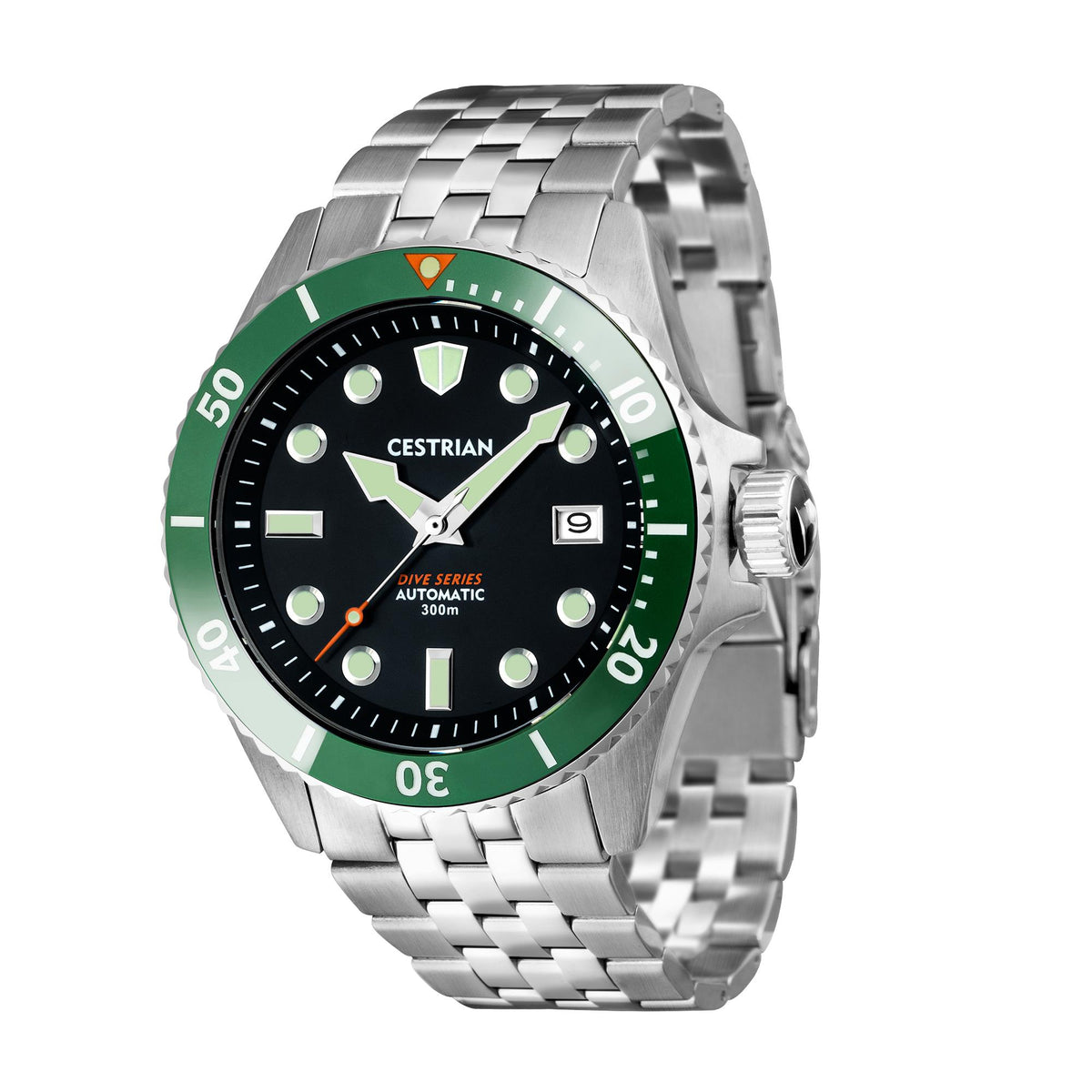 Men's dive watch angled view with green bezel, black dial, steel bracelet, automatic