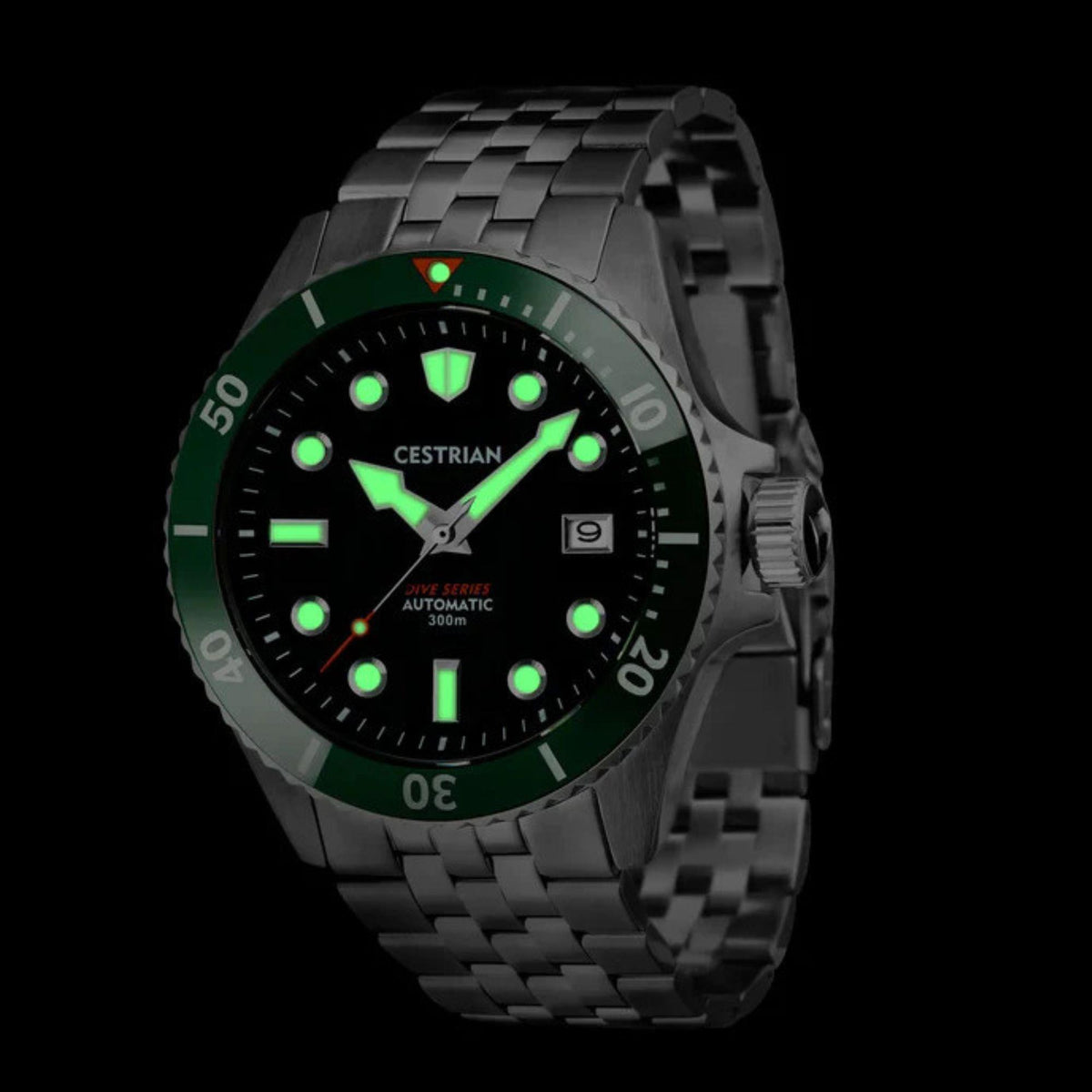 Men's dive watch with green bezel, black dial, steel bracelet, automatic movement