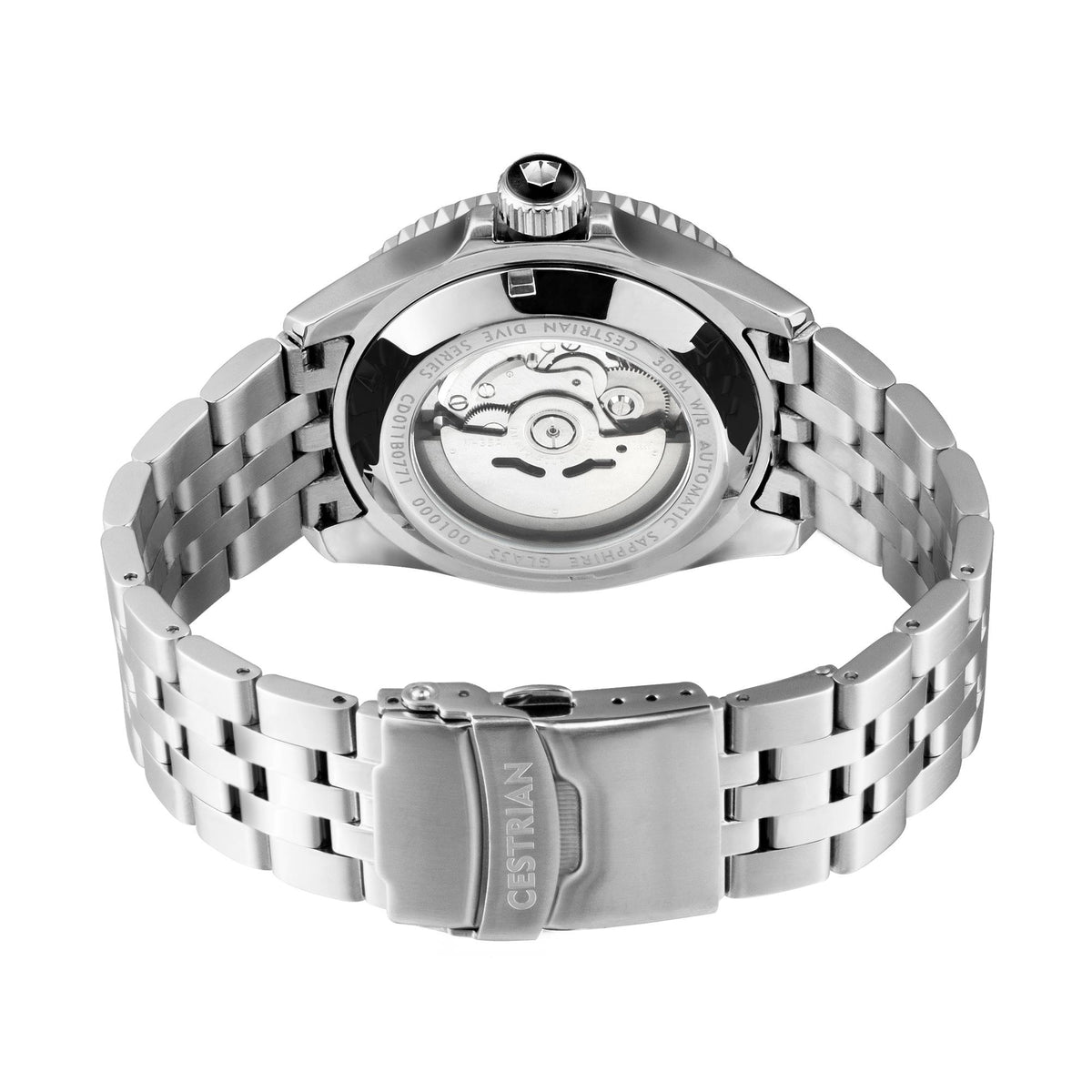 Men's automatic dive watch back view with steel bracelet and case movement details